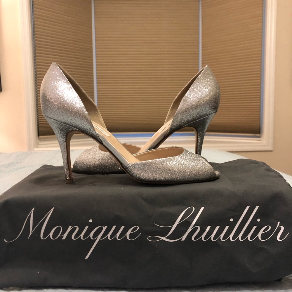 Monique Lhuillier Silver Peep Toe Pumps